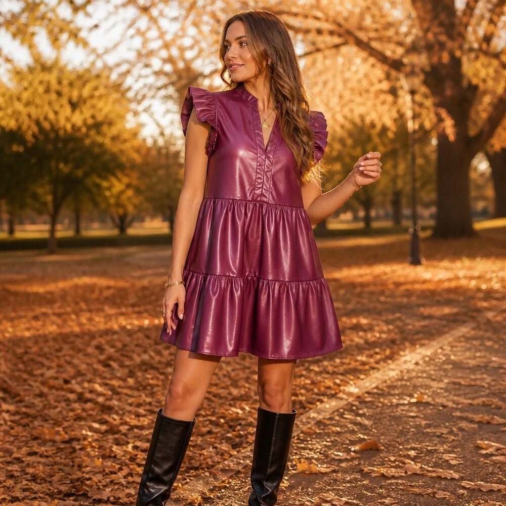 Entro Faux Leather Ruffle Sleeve Tiered Mini Dress in Burgundy